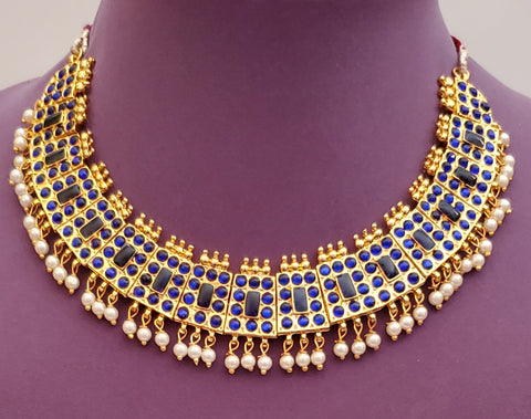 Blue Kemp Bharatanatyam Short Necklace - SN2246