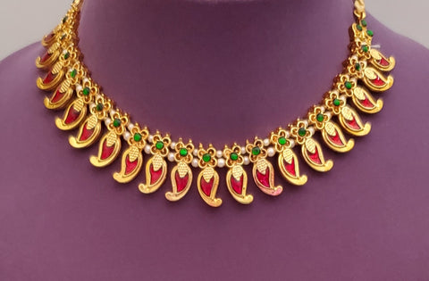 Red Enamel Palakka Kerala Short Necklace - SN2240