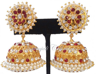 White Red Stones Jhumki Earrings - JMK2521R